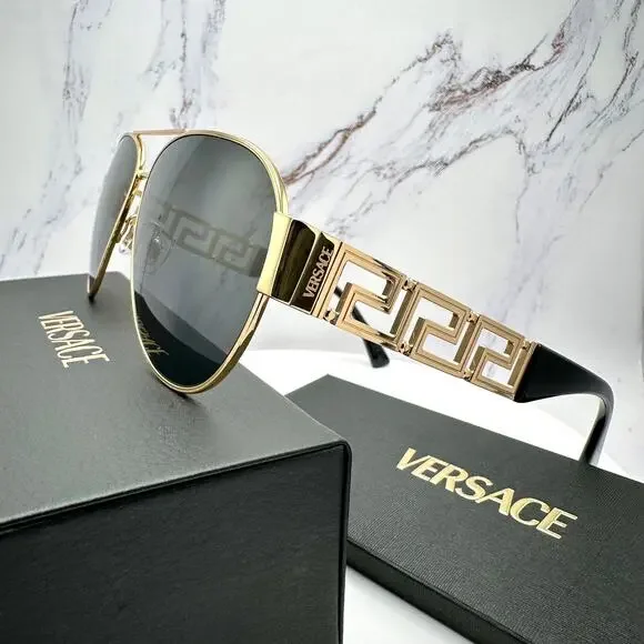 New VERSACE Sunglasses Gold Aviator Pilot Metal Greca Logo Black